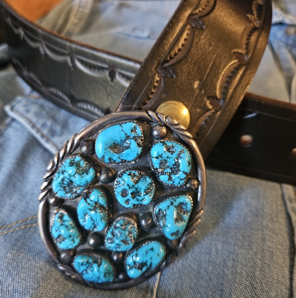 Vintage Navajo Signed Turquoise Belt Buckle